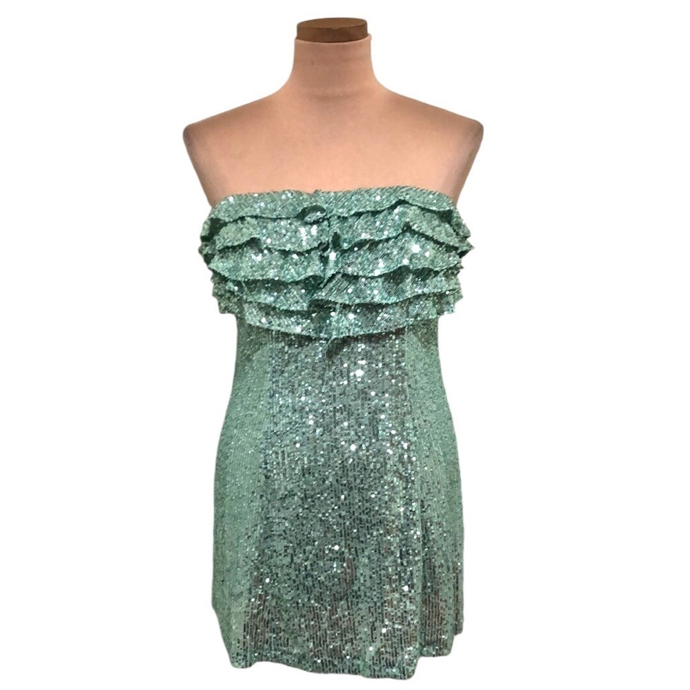 Free People Frida Dress Size 4 Pastel Mint Green Strapless Sequin Ruffle Mini